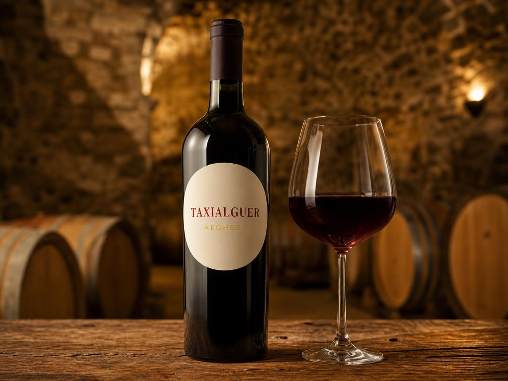 Bottiglia di vino con etichetta Taxi Alguer e bicchiere di vino rosso in una cantina di Alghero